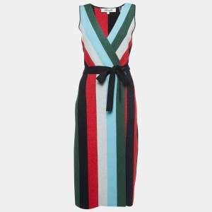 Diane Von Furstenberg Multicolor Stripe Wool Blend Shimmer Detail Wrap Dress XS