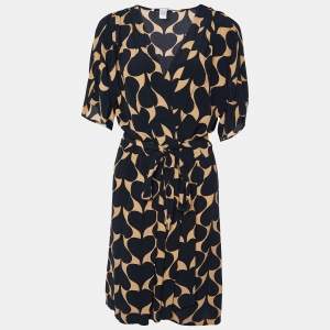 Pre Owned Diane Von Furstenberg Black Printed Crepe Genevieve Faux Wrap Dress M