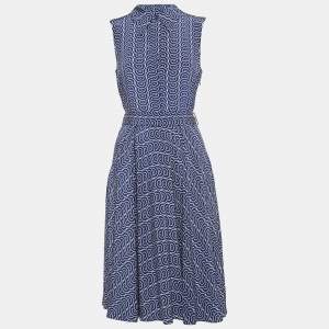 Diane Von Furstenberg Blue Printed Silk Belted Mid Dress S