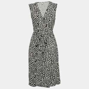 Diane Von Furstenberg Black/White Geometric Print Jersey Midi Wrap Dress L