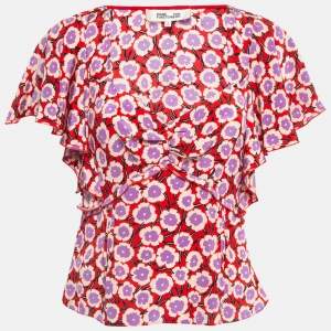 Diane Von Furstenberg Red Floral Print Silk Ruffled De Chine Top M
