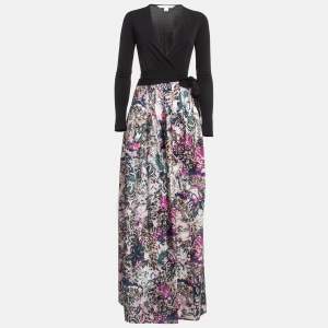 Pre Owned Diane Von Furstenberg Multicolor Floral Print Jersey and Silk Blend Maxi Wrap Dress S