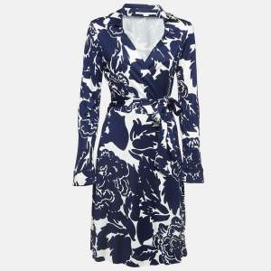 Diane Von Furstenberg  Navy Blue Floral Printed Jersey Midi Wrap Dress L