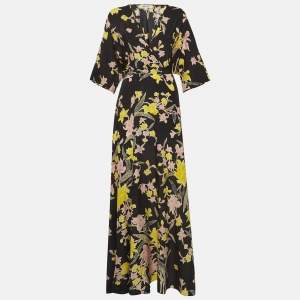 Pre Owned Diane Von Furstenberg Black Floral Print Silk Maxi Wrap Dress M