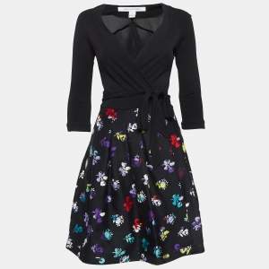 Diane Von Furstenberg Black Floral Printed Wool and Silk Wrap Dress S