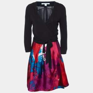 Diane Von Furstenberg Black Wool & Silk Jewel Wrap Dress M