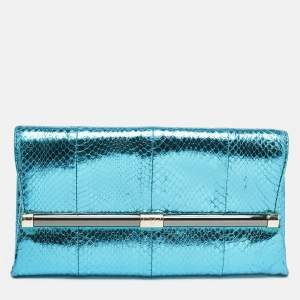 Diane Von Furstenberg Metallic Blue Foil Snakeskin Envelop Clutch