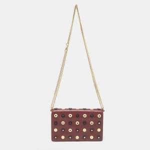 Pre Owned Diane Von Furstenberg Burgundy/Beige Leather Studded Soiree Clutch Bag