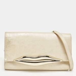 Pre Owned Diane Von Furstenberg Flirty Lips Metallic Beige Leather Shoulder Bag
