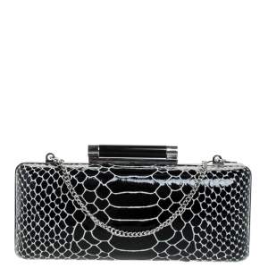 Diane Von Furstenberg Black/White Python Effect Patent Leather Tonda Chain Clutch
