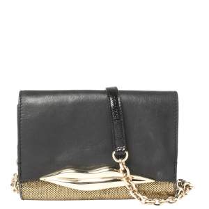 Pre Owned Diane von Furstenberg Metallic Gold Fabric and Black Leather Flirty Lips Mini Crossbody Bag