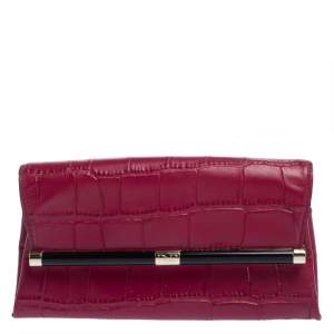 Pre Owned Diane Von Furstenberg Fuchsia Croc Embossed Leather Clutch