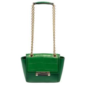Pre Owned  Diane Von Furstenberg Green Croc Embossed and Leather Shoulder Bag
