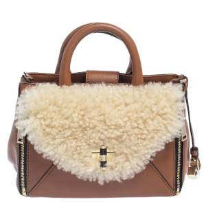 Pre Owned Diane von Furstenberg Brown Leather And Cream Shearling Fur Mini Secret Agent Tote