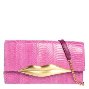 Pre Owned Diane von Furstenberg Pink Snakeskin and Leather Carolina Lips Chain Clutch