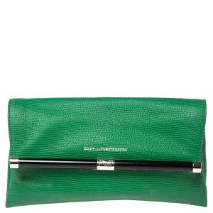 Pre Owned Diane von Furstenberg Green Lizard Embossed Leather 440 Envelope Clutch