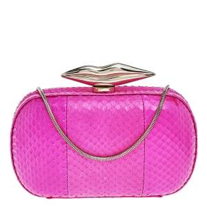 Pre Owned Diane von Furstenberg Pink Snakeskin Flirty Minaudiere Chain Clutch