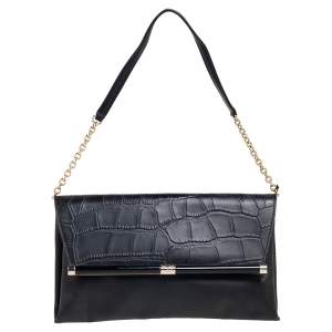 Pre Owned Diane Von Furstenberg Black Leather and Croc Embossed Leather Flap Shoulder Bag