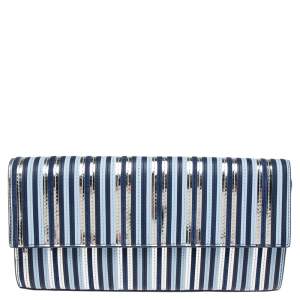 Pre Owned Diane Von Furstenberg Blue/Silver Leather and Suede Stripe East West Clutch
