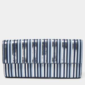 Pre Owned Diane Von Furstenberg Blue/Silver Leather and Suede Stripe East West Envelope Clutch