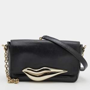 Pre Owned Diane Von Furstenberg Black Patent and Leather Flirty Lips Shoulder Bag
