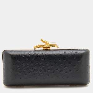 Pre Owned Diane Von Furstenberg Black Ostrich Embossed Leather Tonda Clutch