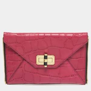 Diane Von Furstenberg Pink Croc Embossed Leather Secret Agent Clutch 