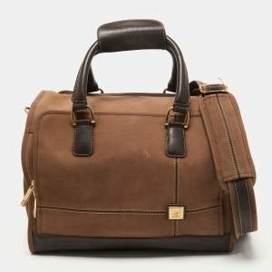 Pre Owned Diane Von Furstenberg Two Tone Brown Fabric and Leather Duffle Bag