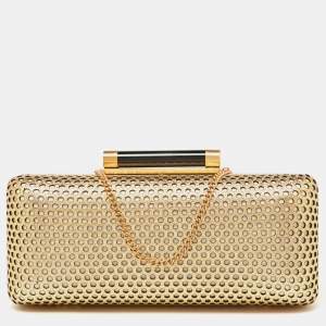 Pre Owned Diane Von Furstenberg Gold Perforated Leather Box Chain Clutch