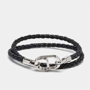 Dior CD Icon Braided Leather Silver Tone Double Bracelet