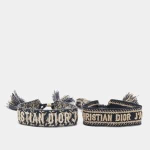 Pre Owned Dior J'Adior & Oblique Navy Blue Embroidered Cotton Set of Two Bracelets