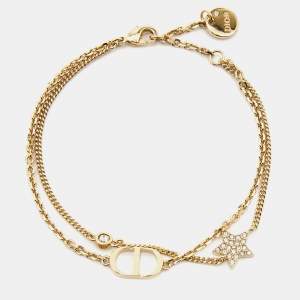 Dior Petit CD Crystal Star Charm Gold Tone Double Chain Bracelet