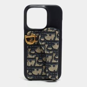 Dior Navy Blue/Beige Oblique Jacquard and Leather Saddle iPhone 14 Pro Case