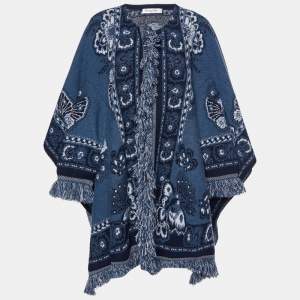 Dior Navy Blue Wool Jacquard Fringed Poncho S