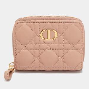 Dior Beige Cannage Leather Caro Zip Compact Wallet