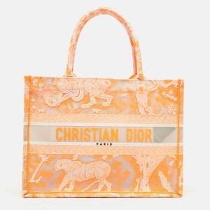 Dior Neon Orange Toile De Jouy Embroidered Mesh Medium Book Tote