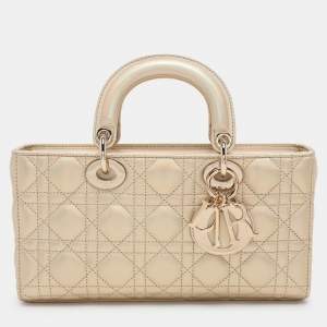 Pre Owned Dior Gold Iridescent Cannage Leather Medium Lady D-Joy Tote