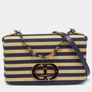 Pre Owned Dior Navy Blue/Cream Denim and Raffia Caro Shoulder Bag