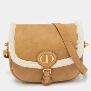 Dior Brown/Off White Suede and Shearling Medium Bobby Shoulder Bag