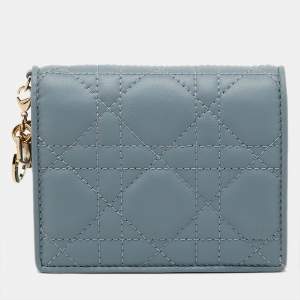 Pre Owned Dior Cloud Blue Cannage Leather Mini Lady Dior Gardenia Wallet