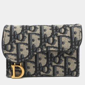 Pre Owned محفظة بطاقات ديور سدل قماش أوبليك أزرق بحري وجلد