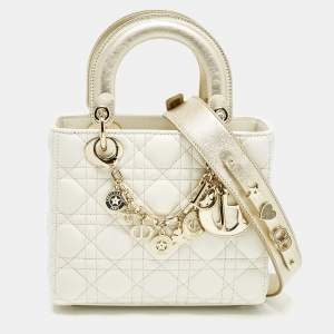 Pre Owned Dior Lady Dior My ABCDior Small White/Gold Cannage Leather Tote