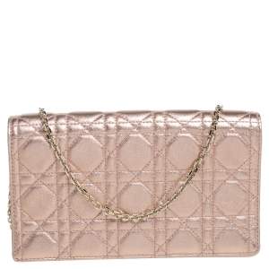 Dior Metallic Rose Gold Cannage Leather Lady Dior Pouch