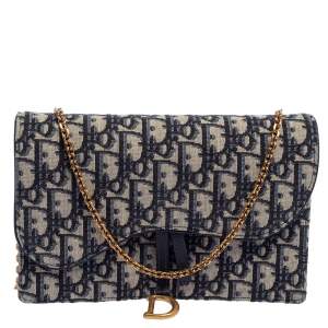 Pre Owned Dior Beige/Blue Oblique Canvas Saddle Wallet On Chain