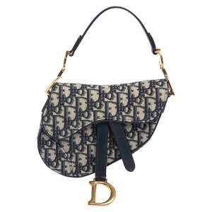 Pre Owned Dior Blue Oblique Canvas and Leather Saddle Bag