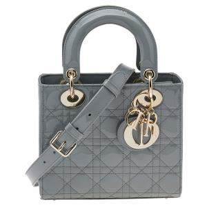Dior Grey Cannage Quilted Patent Leather Small Lady Dior Bag