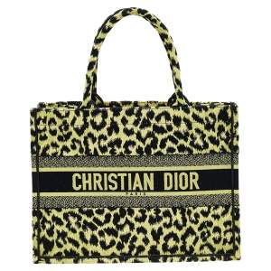 Pre Owned Dior Lime Green Canvas Mizza Embroidered Small Leopard Book Tote