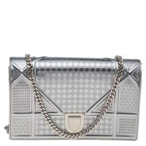 Pre Owned Dior Metallic Silver Micro Cannage Leather Diorama Wallet on Chain Clutch Bag