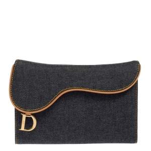 Pre Owned Dior Navy Blue Denim Saddle Trifold Continental Wallet
