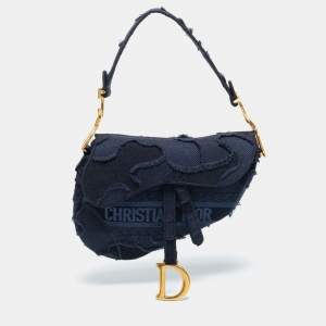 Pre Owned Dior Navy Blue Canvas Camouflage Embroidered Saddle Bag
